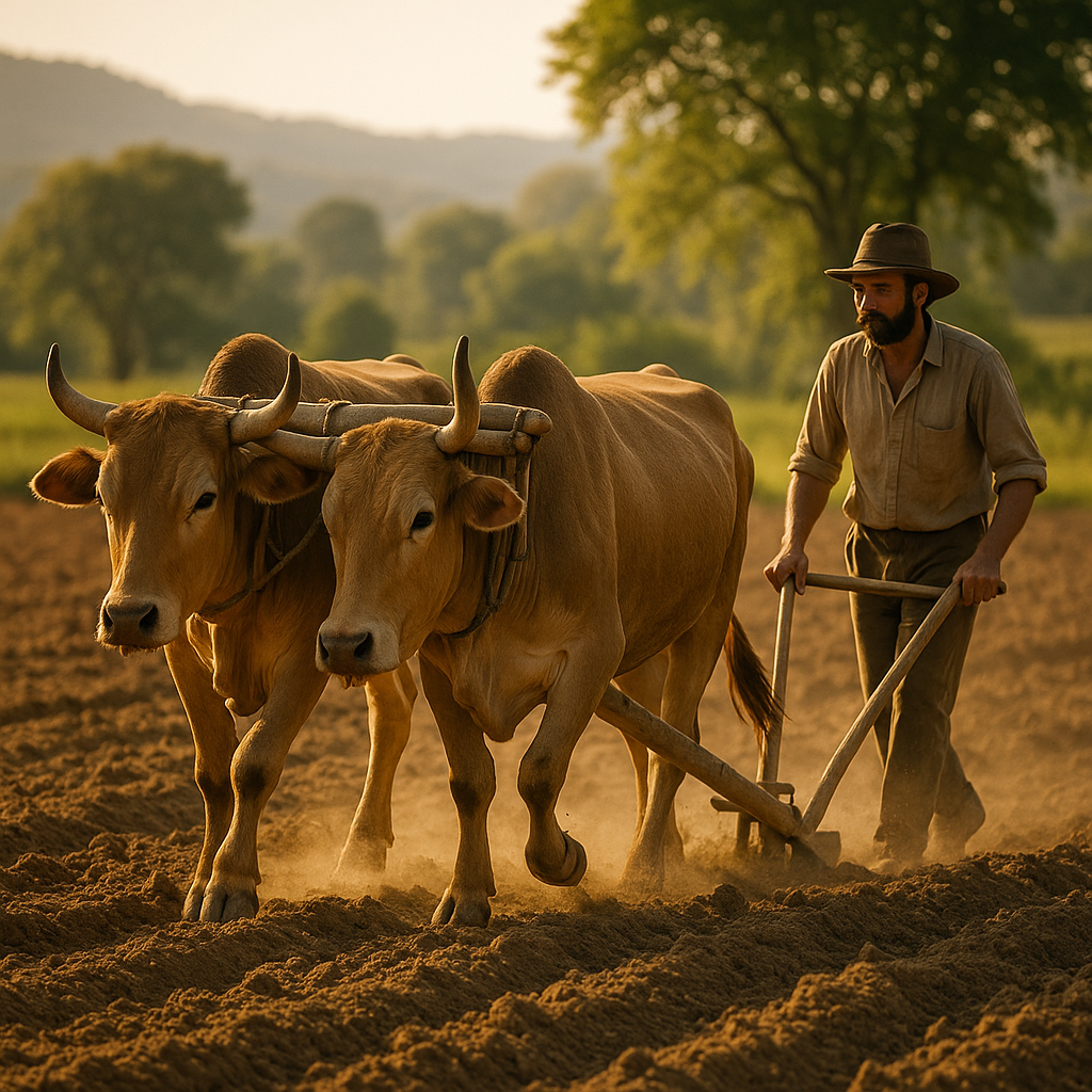 Oxen yoked together and plowing a field